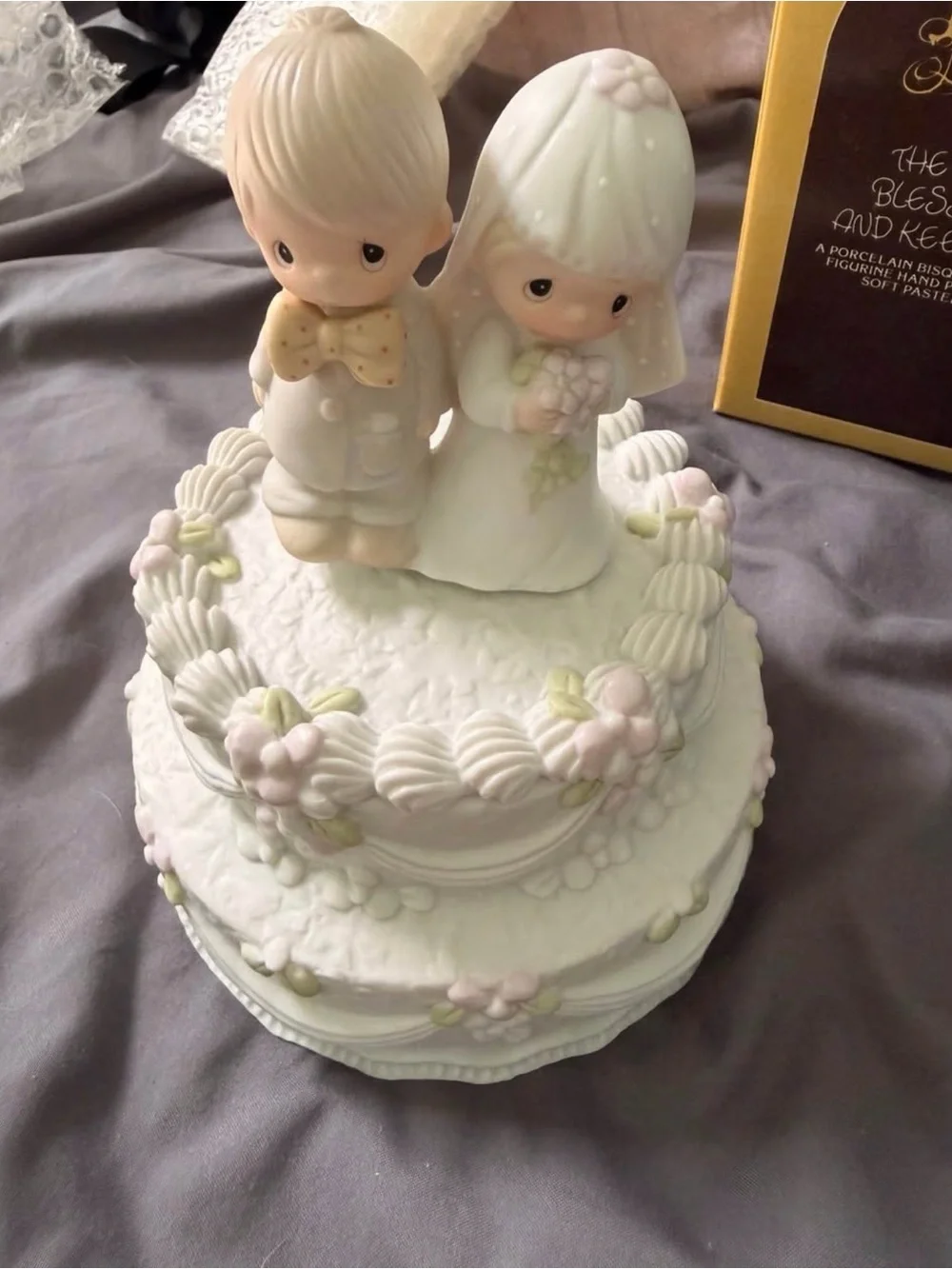 1981 Precious Moments White Musical Cake Topper with Pastel Pink & Green Accents